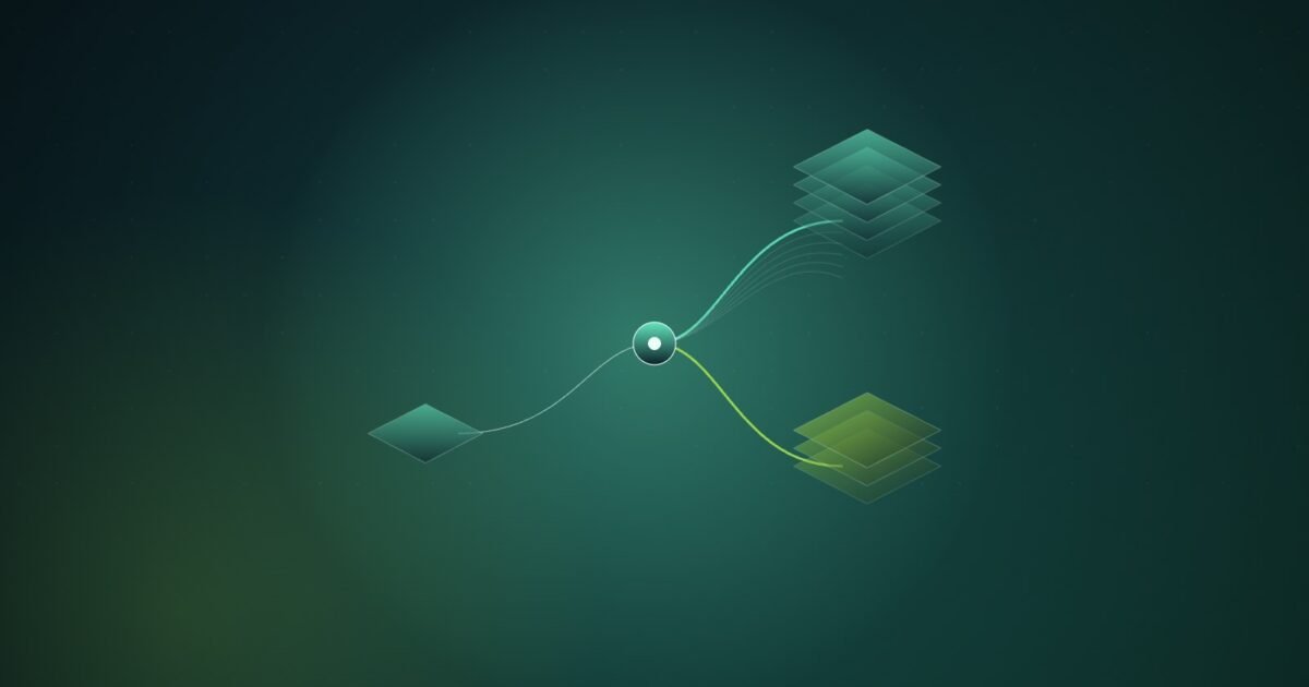 Abstract illustration of a single glowing node in mint green whose path forks into two branches, each ending in a stacked tile, over a dark teal grid