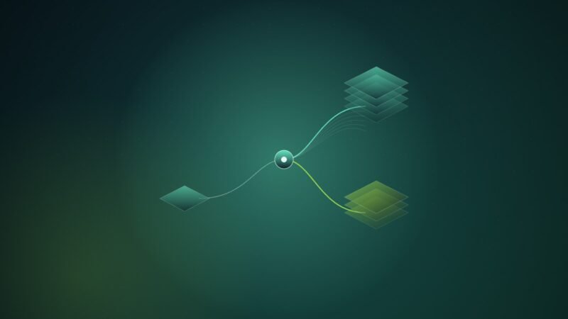 Abstract illustration of a single glowing node in mint green whose path forks into two branches, each ending in a stacked tile, over a dark teal grid