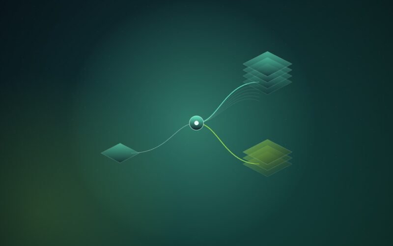 Abstract illustration of a single glowing node in mint green whose path forks into two branches, each ending in a stacked tile, over a dark teal grid