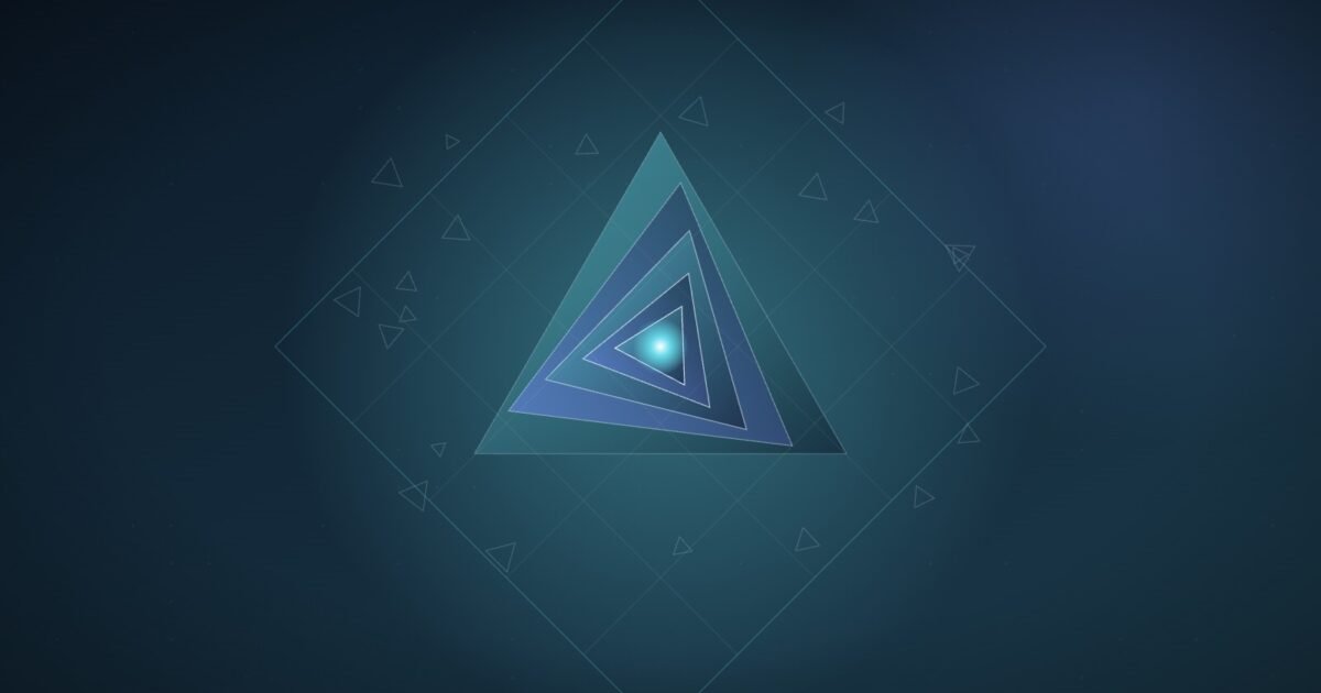 Abstract illustration of nested glowing triangles growing around a bright point inside a tilted square lattice, with faint discarded triangles scattered around the edges