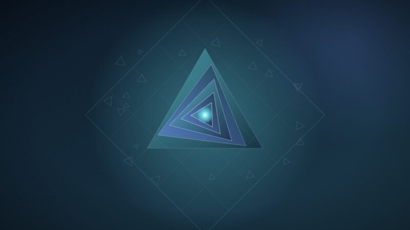 Abstract illustration of nested glowing triangles growing around a bright point inside a tilted square lattice, with faint discarded triangles scattered around the edges