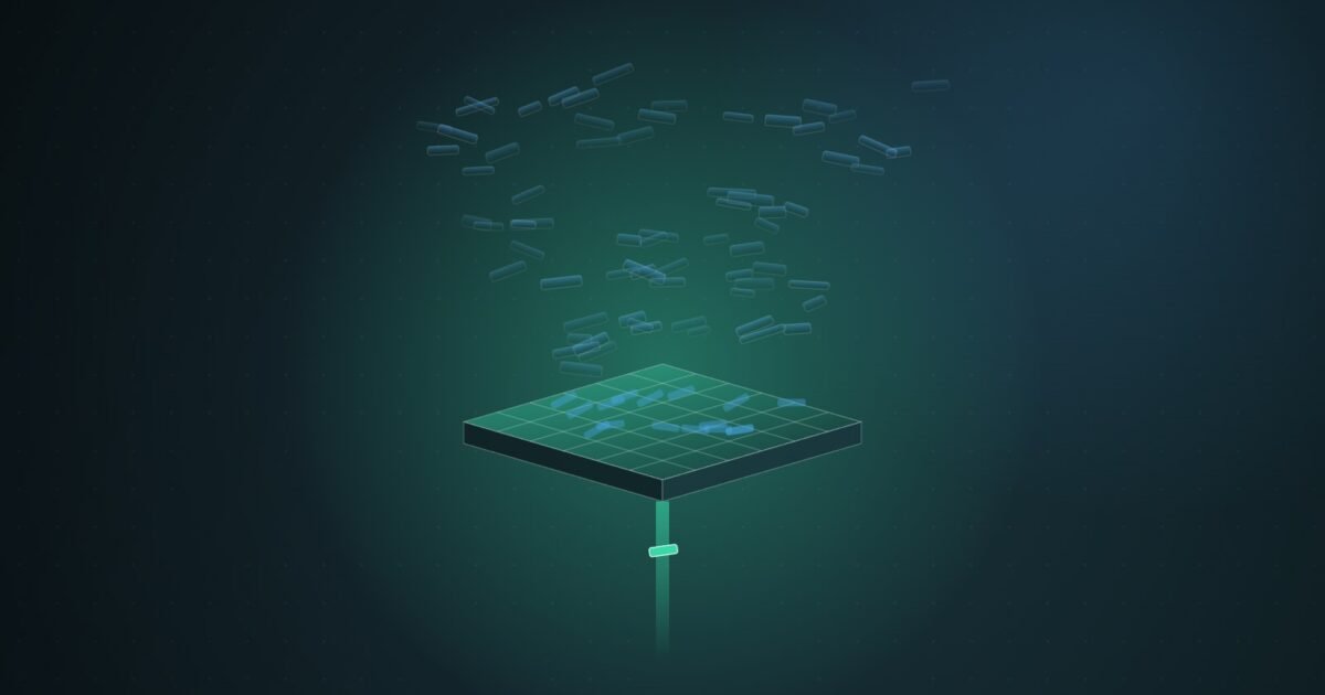 Abstract illustration of dozens of translucent teal fragments raining onto a gridded isometric slab, with a single bright fragment passing through a beam beneath it