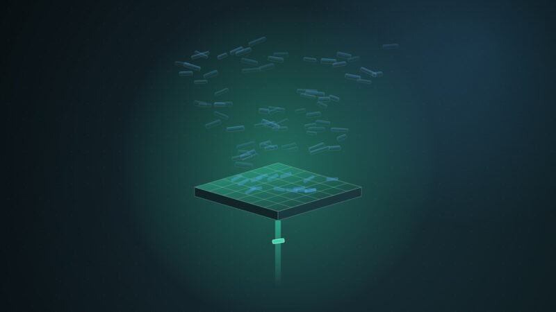 Abstract illustration of dozens of translucent teal fragments raining onto a gridded isometric slab, with a single bright fragment passing through a beam beneath it