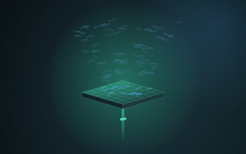 Abstract illustration of dozens of translucent teal fragments raining onto a gridded isometric slab, with a single bright fragment passing through a beam beneath it