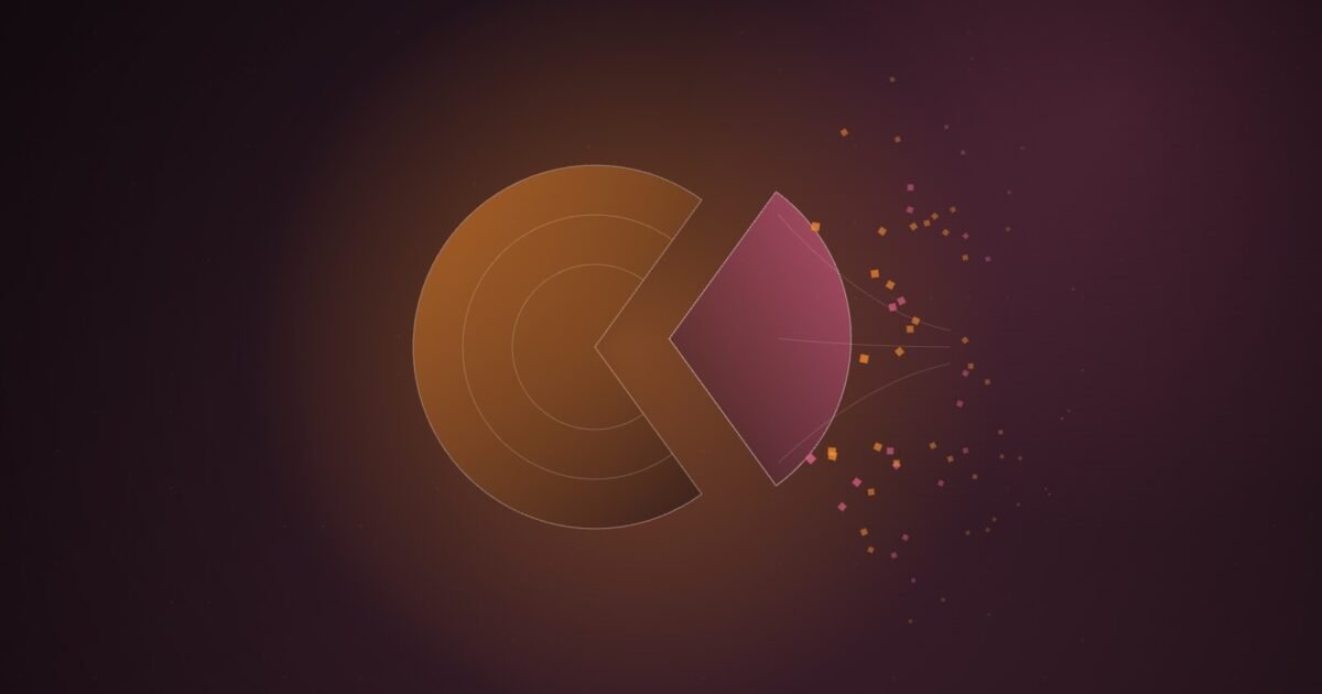 Abstract illustration of a glowing orange disc with a wedge of roughly a third pulled away; the pink wedge sheds small square fragments that drift to the right, on a dark plum gradient