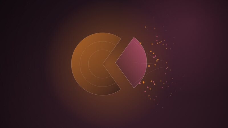 Abstract illustration of a glowing orange disc with a wedge of roughly a third pulled away; the pink wedge sheds small square fragments that drift to the right, on a dark plum gradient