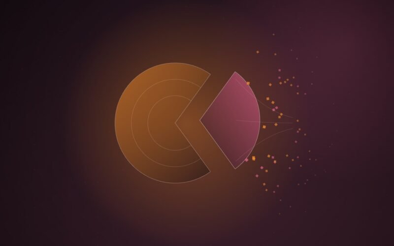 Abstract illustration of a glowing orange disc with a wedge of roughly a third pulled away; the pink wedge sheds small square fragments that drift to the right, on a dark plum gradient