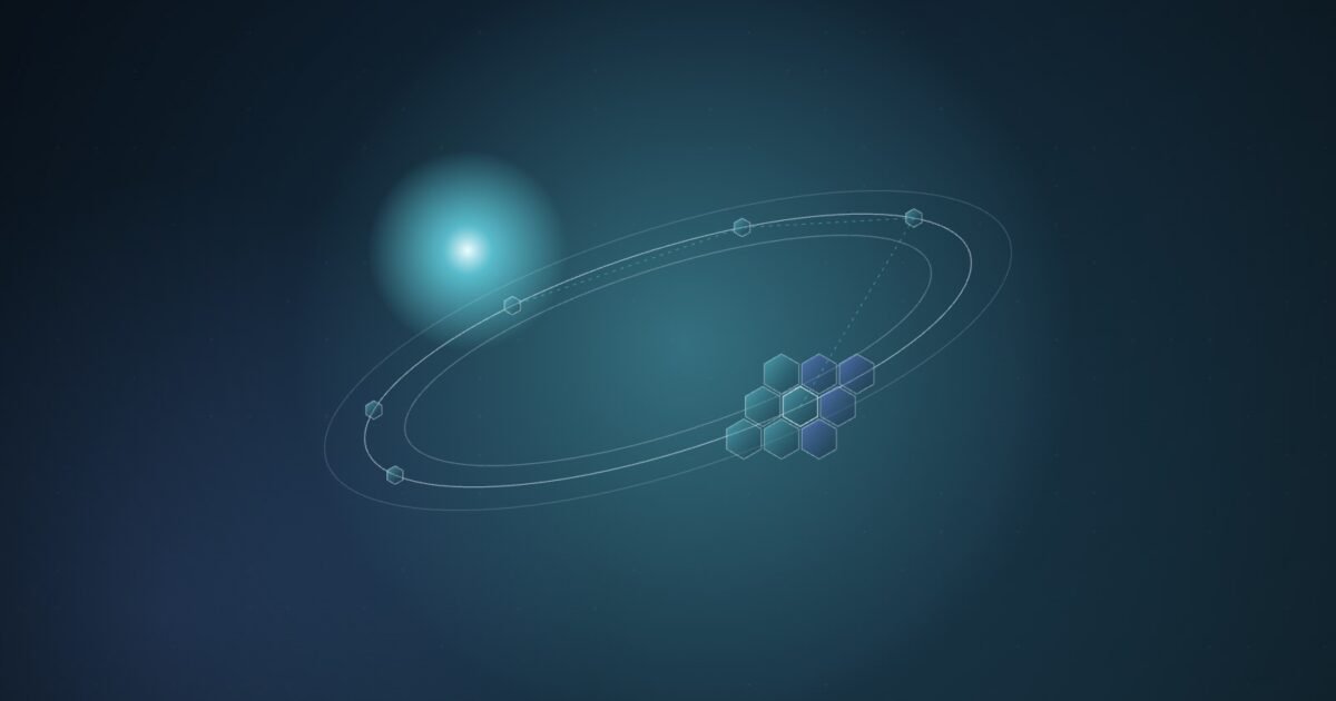 Abstract illustration of a cluster of small hexagonal chip tiles orbiting along a tilted ring past a bright sun-like glow, in cyan and blue