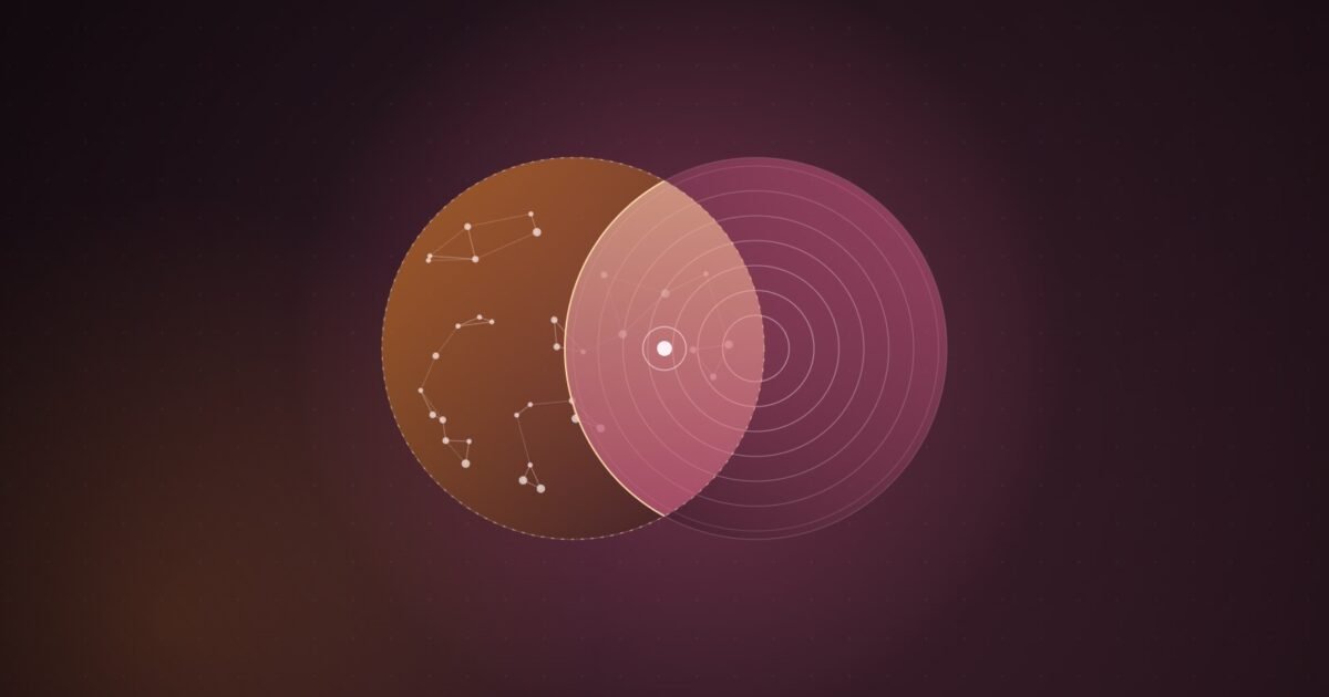 Abstract illustration of two overlapping circles, one orange and scattered with linked nodes, one pink with concentric rings, meeting in a glowing lens-shaped overlap.