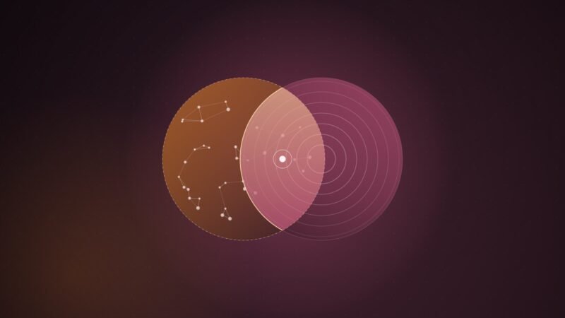 Abstract illustration of two overlapping circles, one orange and scattered with linked nodes, one pink with concentric rings, meeting in a glowing lens-shaped overlap.