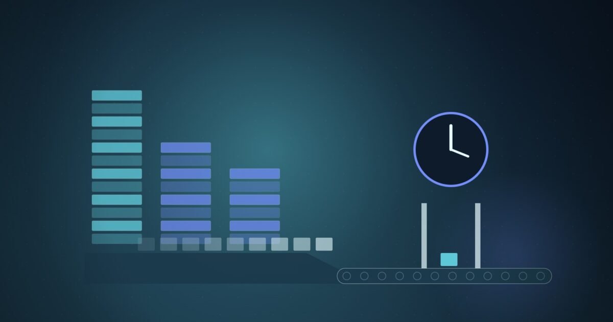 Illustration: three memory stacks feeding a narrow conveyor gate under a clock, with chips queued behind it.