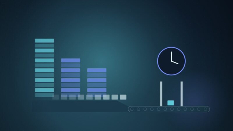 Illustration: three memory stacks feeding a narrow conveyor gate under a clock, with chips queued behind it.