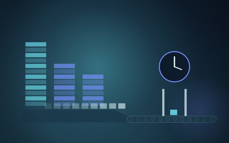 Illustration: three memory stacks feeding a narrow conveyor gate under a clock, with chips queued behind it.