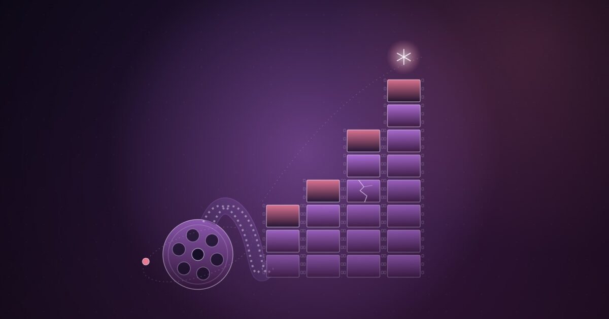 Abstract illustration of a film reel unspooling into rising stacks of glowing frames, one frame cracked, on a dark purple background