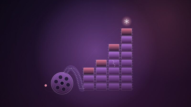 Abstract illustration of a film reel unspooling into rising stacks of glowing frames, one frame cracked, on a dark purple background