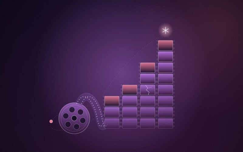 Abstract illustration of a film reel unspooling into rising stacks of glowing frames, one frame cracked, on a dark purple background