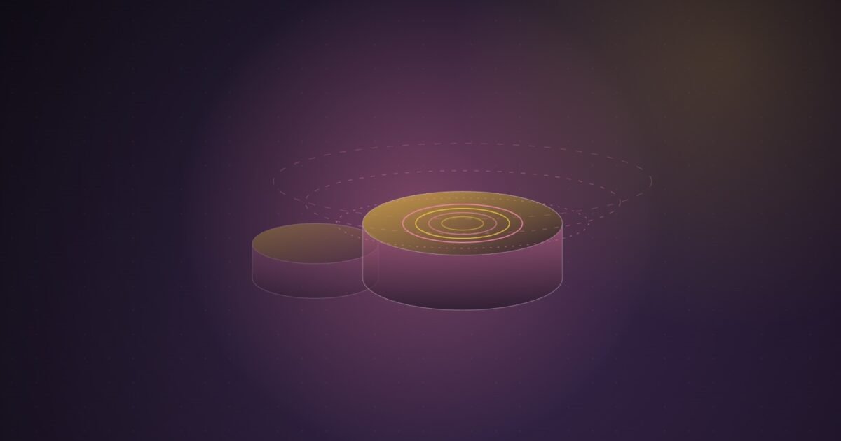 Abstract illustration of a small faded cylinder beside a larger glowing one with concentric rings on its top and dashed orbits around it, on a dark purple gradient