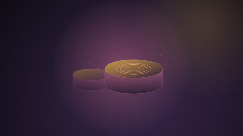 Abstract illustration of a small faded cylinder beside a larger glowing one with concentric rings on its top and dashed orbits around it, on a dark purple gradient