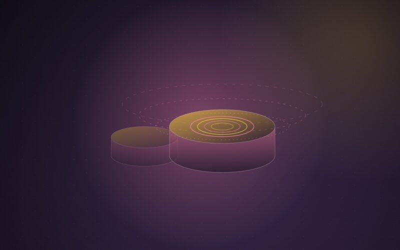 Abstract illustration of a small faded cylinder beside a larger glowing one with concentric rings on its top and dashed orbits around it, on a dark purple gradient