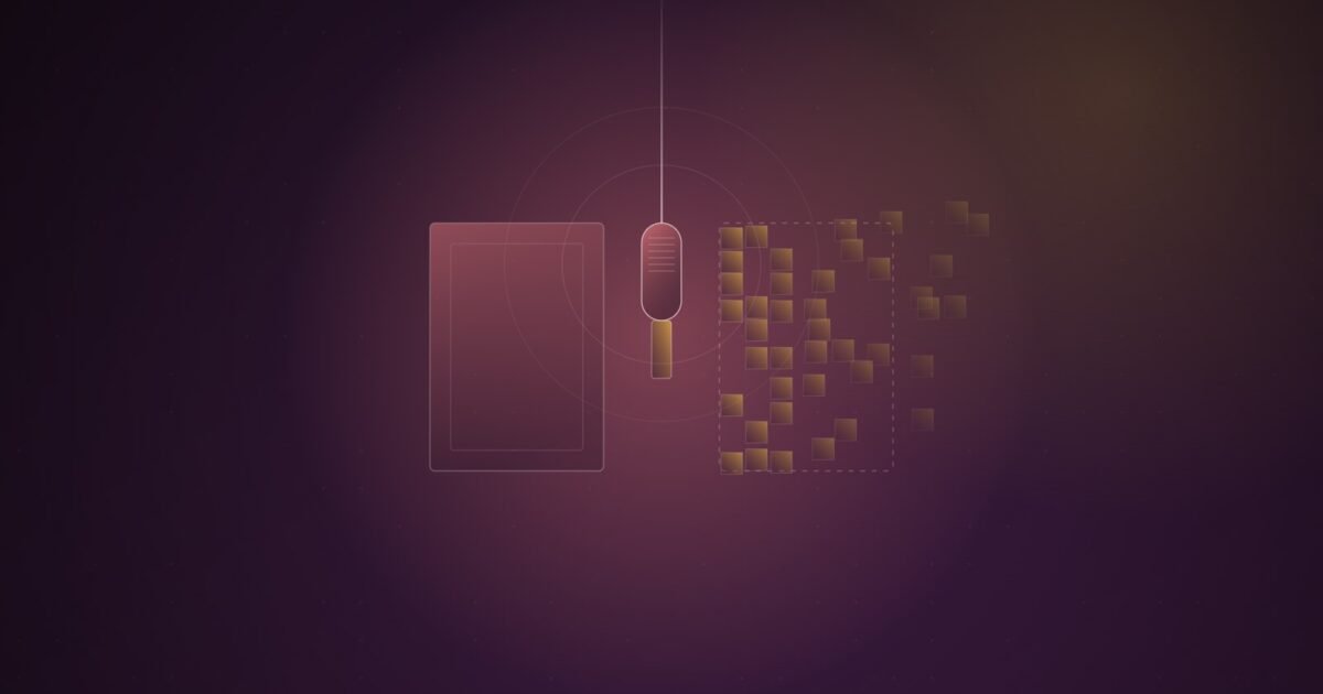 Abstract illustration of a hanging microphone between two portrait frames, the left one solid and the right one breaking into scattered square fragments, on a dark plum background
