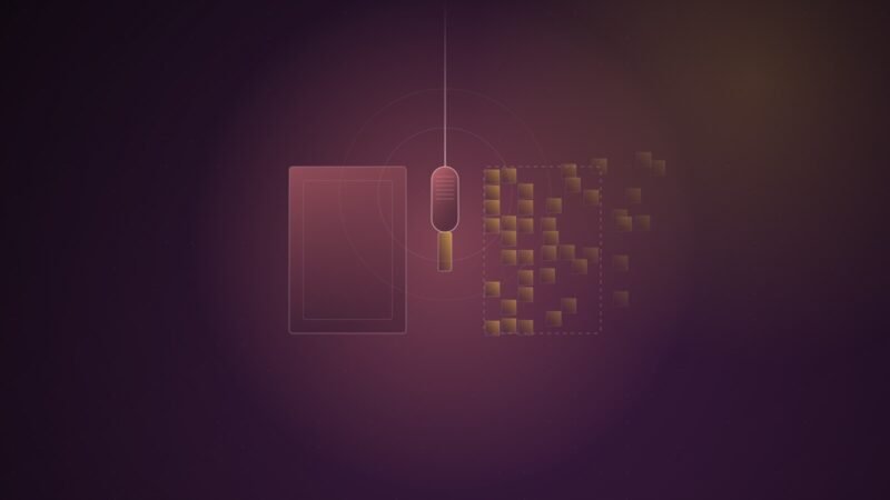 Abstract illustration of a hanging microphone between two portrait frames, the left one solid and the right one breaking into scattered square fragments, on a dark plum background