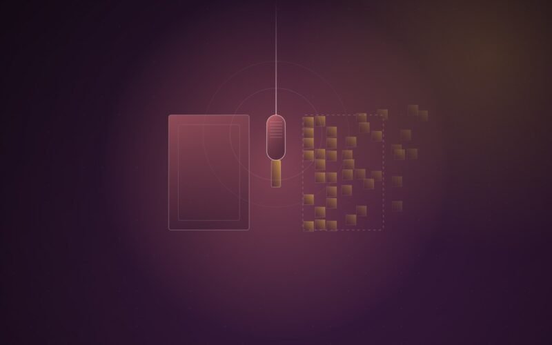 Abstract illustration of a hanging microphone between two portrait frames, the left one solid and the right one breaking into scattered square fragments, on a dark plum background