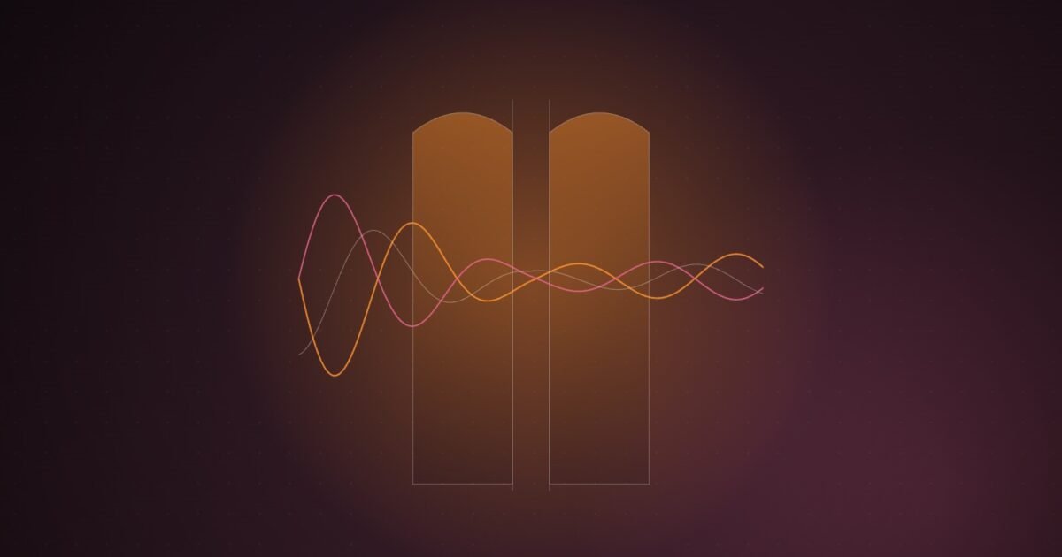 Abstract illustration of two large orange and pink waveforms narrowing as they pass between two tall arched slabs, emerging small on the other side