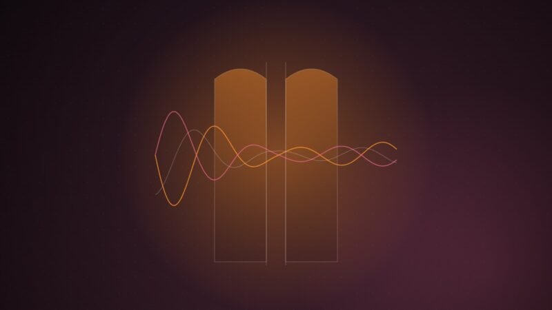 Abstract illustration of two large orange and pink waveforms narrowing as they pass between two tall arched slabs, emerging small on the other side