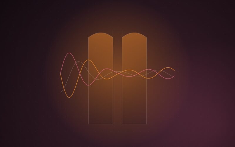 Abstract illustration of two large orange and pink waveforms narrowing as they pass between two tall arched slabs, emerging small on the other side
