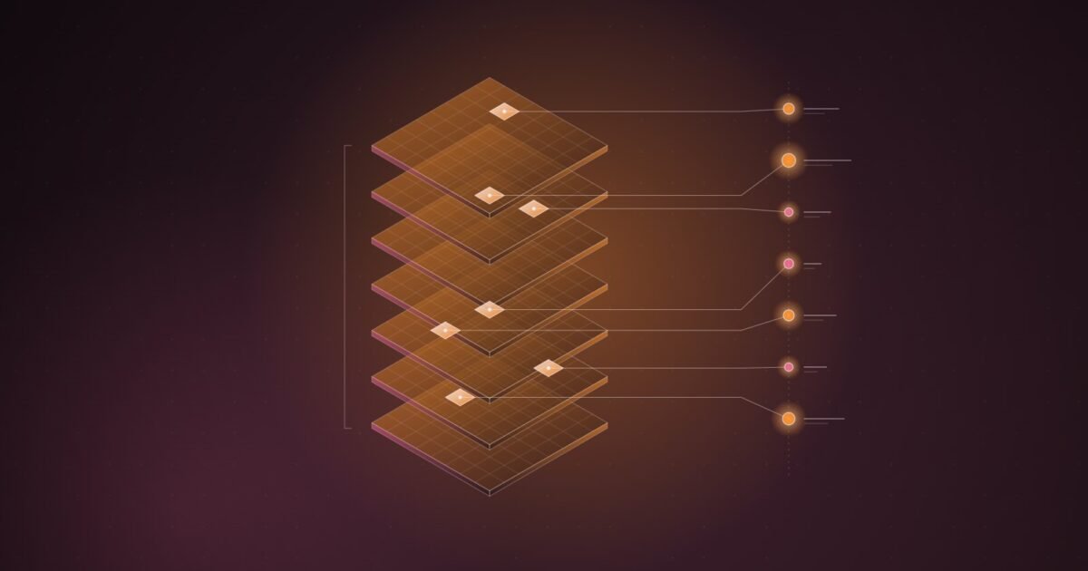 Abstract illustration: seven stacked sheets, each with one highlighted cell linked to a readout node