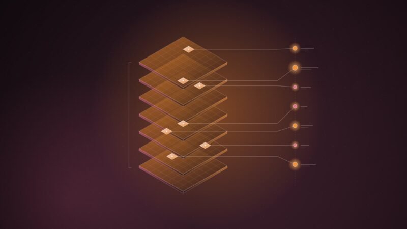Abstract illustration: seven stacked sheets, each with one highlighted cell linked to a readout node