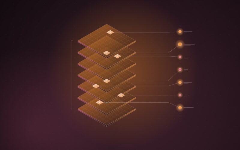 Abstract illustration: seven stacked sheets, each with one highlighted cell linked to a readout node