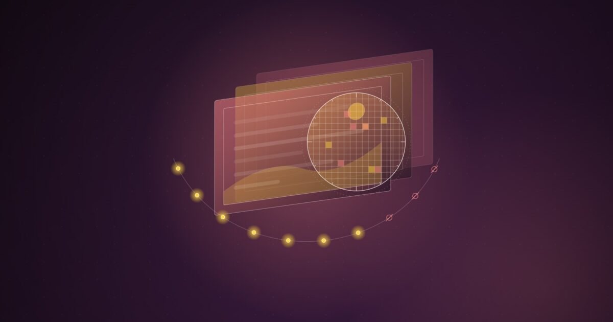 Abstract illustration: stacked image frames under a scanning lens with a trail of checkpoints