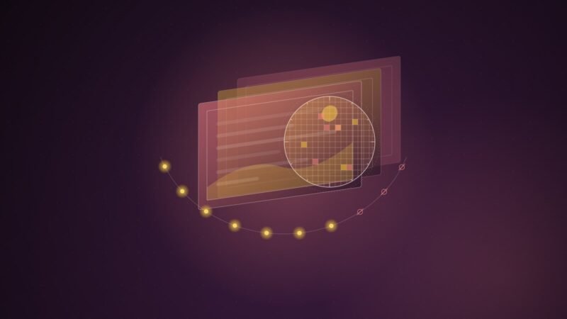 Abstract illustration: stacked image frames under a scanning lens with a trail of checkpoints