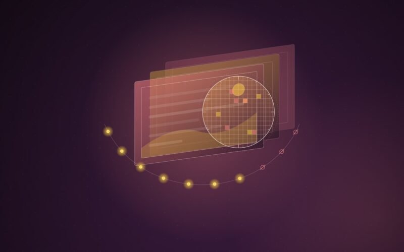 Abstract illustration: stacked image frames under a scanning lens with a trail of checkpoints