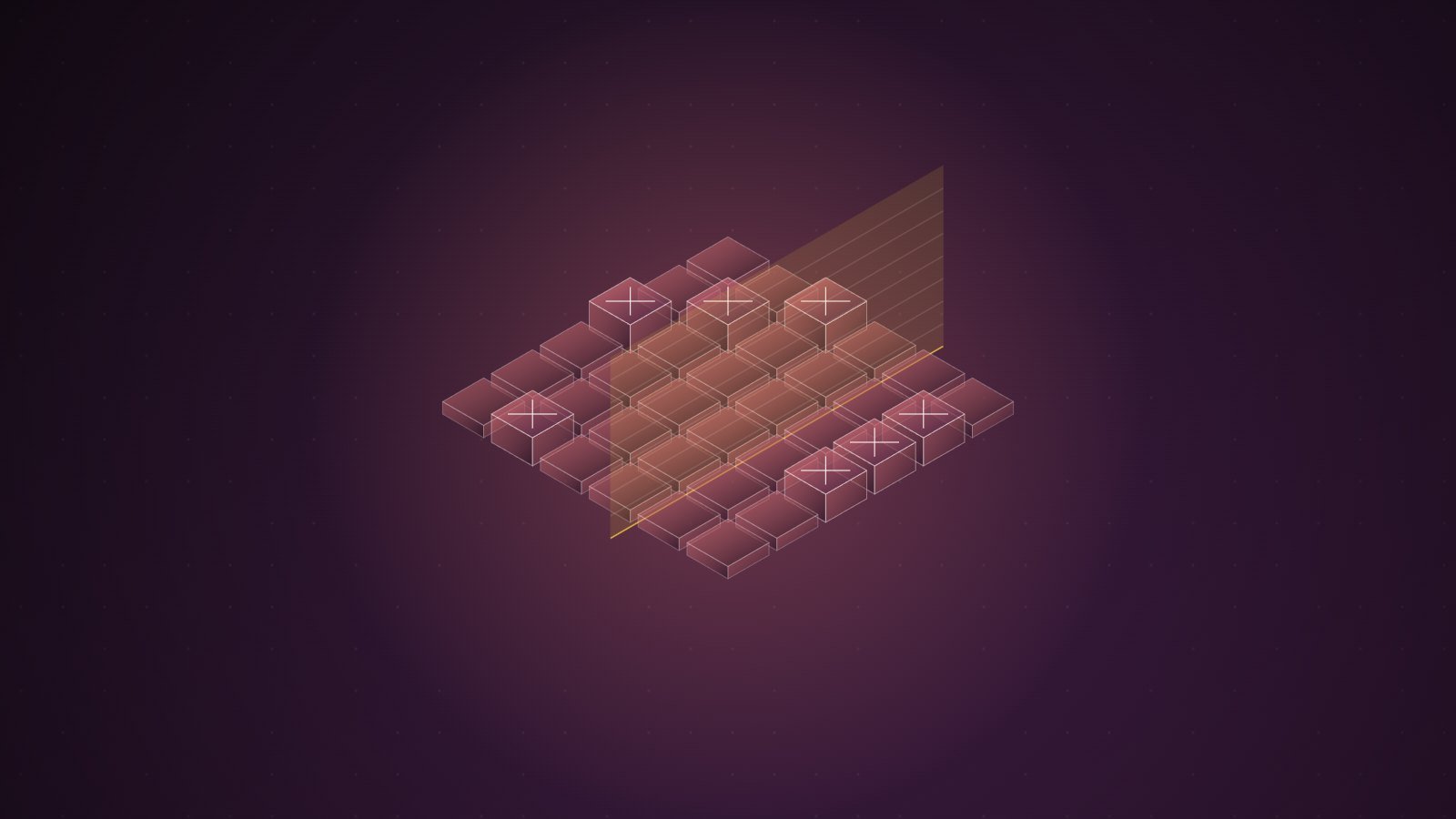 An isometric grid of identical tiles passes under a translucent scanning plane, and seven tiles scattered across it are raised and marked with a cross, flagged for no visible reason.