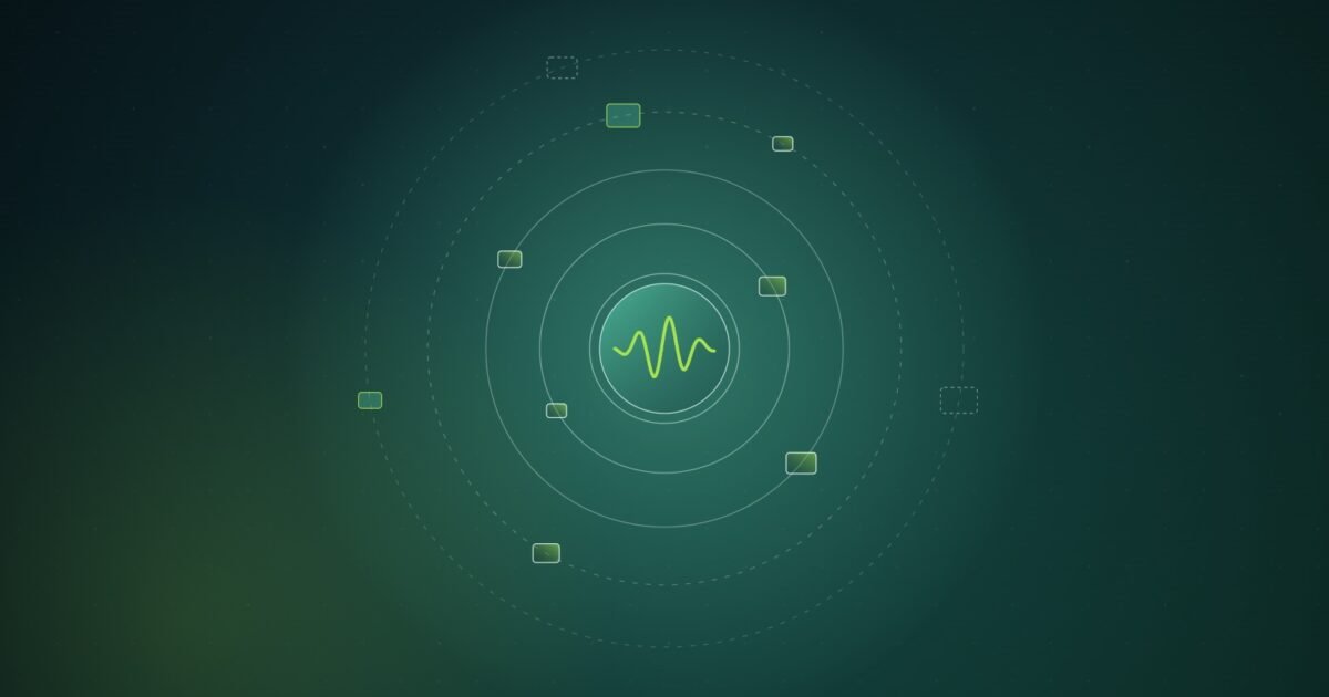 Abstract illustration of a glowing green waveform inside concentric rings, with small device-shaped tiles orbiting it, some lit and some drawn as dashed outlines