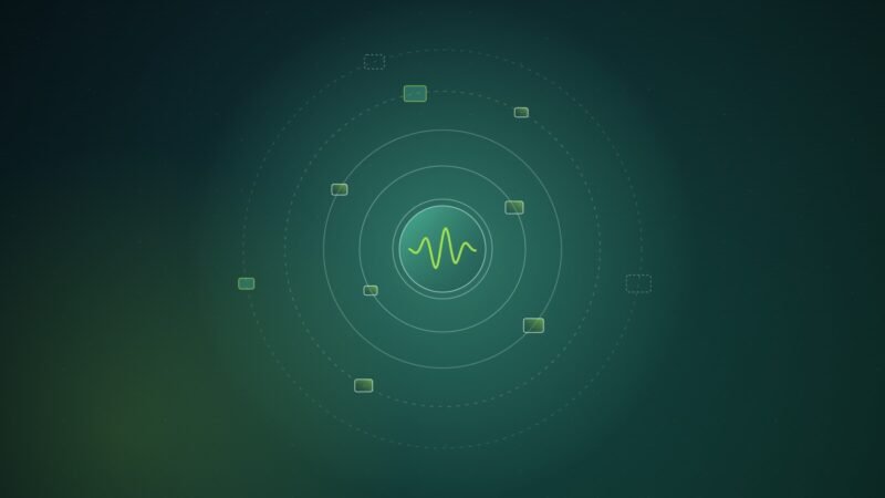 Abstract illustration of a glowing green waveform inside concentric rings, with small device-shaped tiles orbiting it, some lit and some drawn as dashed outlines