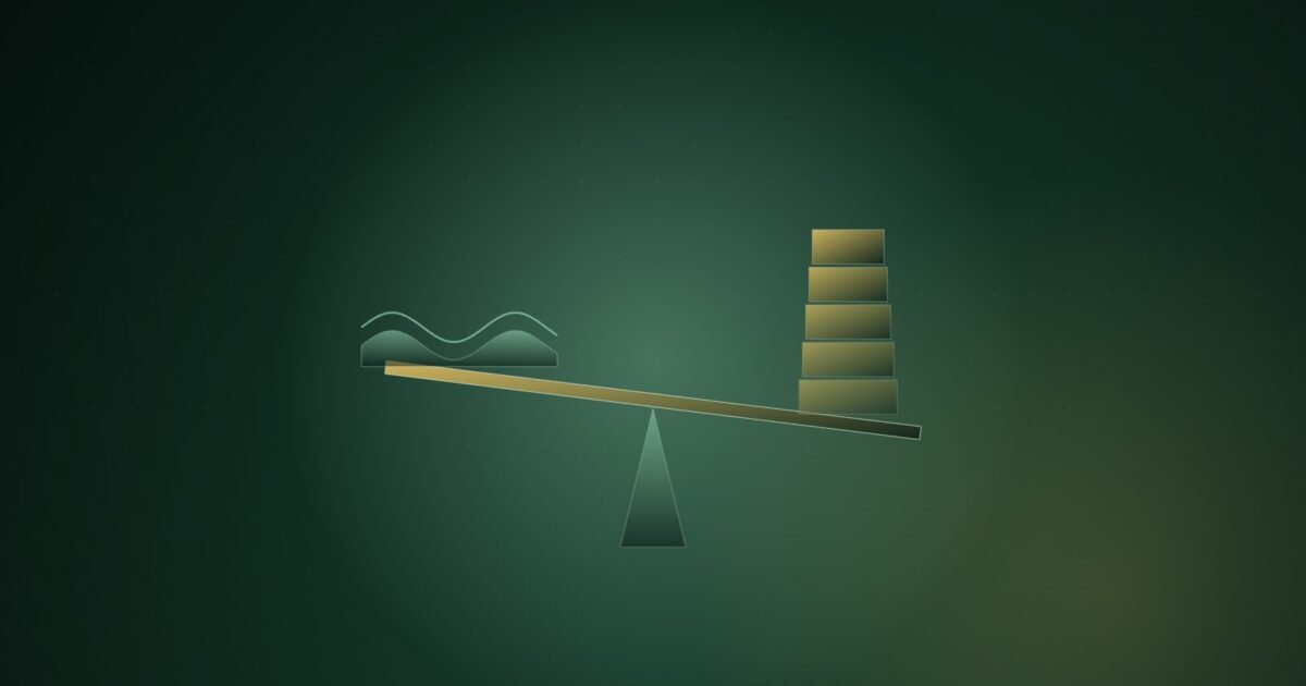 Abstract illustration of a tilted balance beam in pale green and amber, with a tall stack of blocks on one side and a low wave form on the other