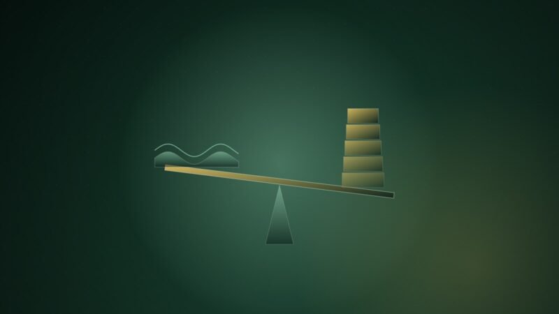 Abstract illustration of a tilted balance beam in pale green and amber, with a tall stack of blocks on one side and a low wave form on the other