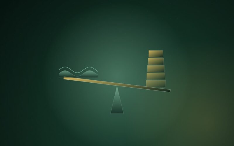 Abstract illustration of a tilted balance beam in pale green and amber, with a tall stack of blocks on one side and a low wave form on the other