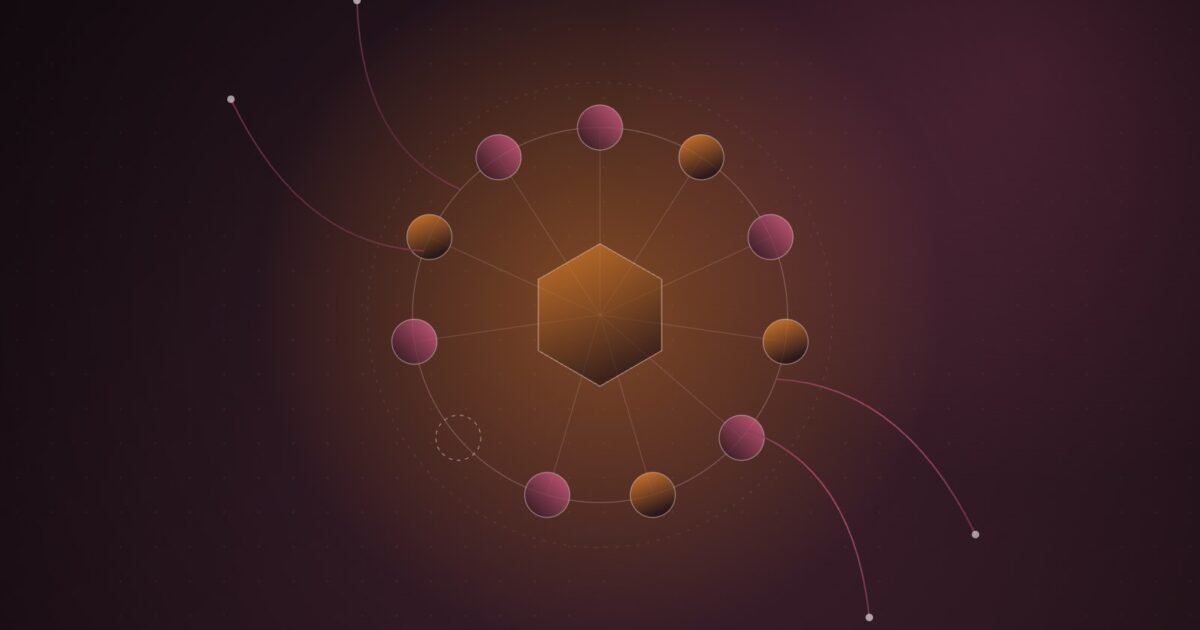 Abstract illustration of a ring of ten glowing nodes around a central hexagon, with one empty slot and thin lines escaping the ring, in orange and pink on a dark burgundy background.