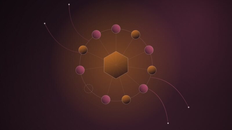 Abstract illustration of a ring of ten glowing nodes around a central hexagon, with one empty slot and thin lines escaping the ring, in orange and pink on a dark burgundy background.