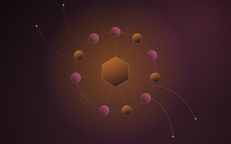 Abstract illustration of a ring of ten glowing nodes around a central hexagon, with one empty slot and thin lines escaping the ring, in orange and pink on a dark burgundy background.
