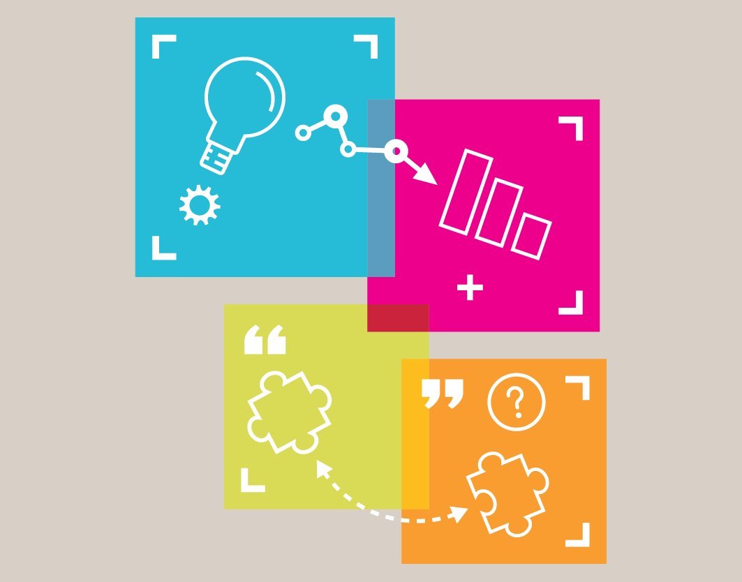 ICO illustration of linked icons: a lightbulb, charts, speech bubbles and question marks connected by dotted lines