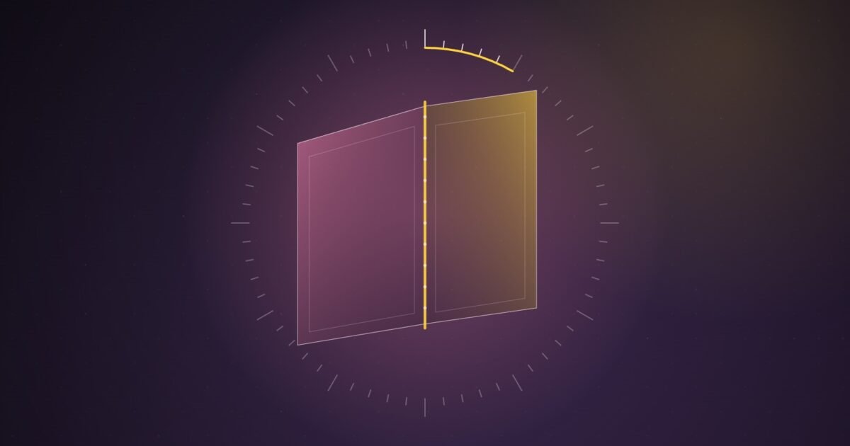 Abstract illustration of two translucent pink and gold panels hinged along a glowing yellow line, set inside a ring of clock ticks with the first minutes highlighted