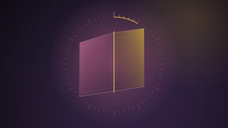 Abstract illustration of two translucent pink and gold panels hinged along a glowing yellow line, set inside a ring of clock ticks with the first minutes highlighted