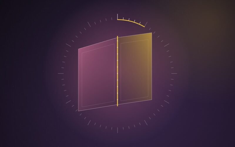 Abstract illustration of two translucent pink and gold panels hinged along a glowing yellow line, set inside a ring of clock ticks with the first minutes highlighted