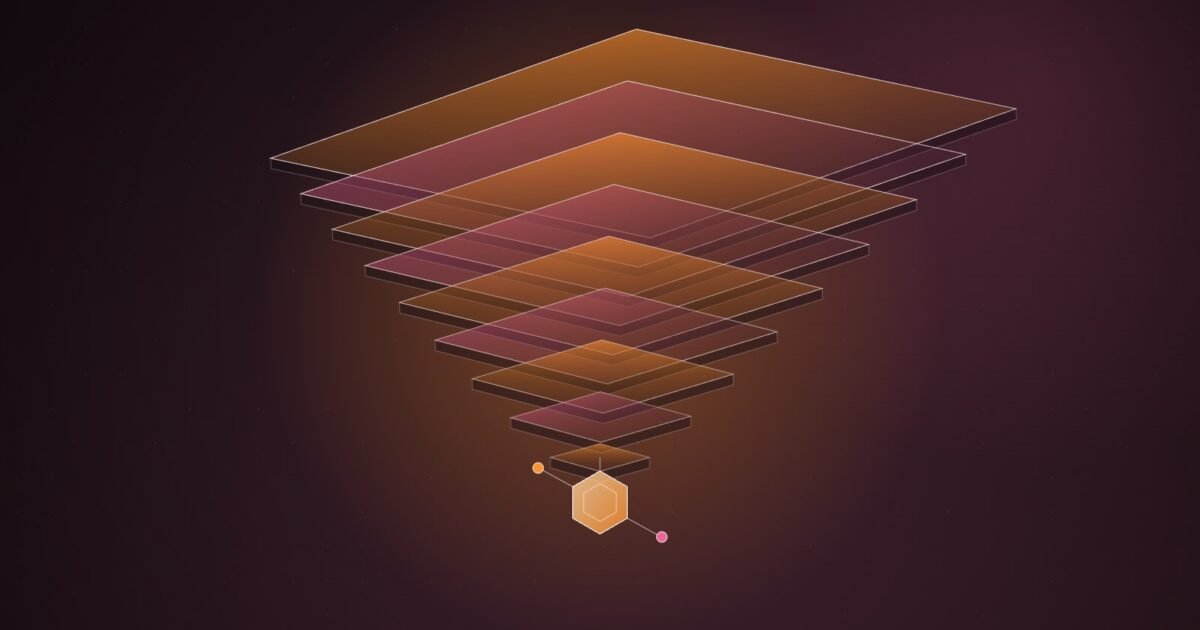 Abstract illustration of an inverted stack of glowing orange and pink plates widening upward, balanced on a single small hexagonal molecule