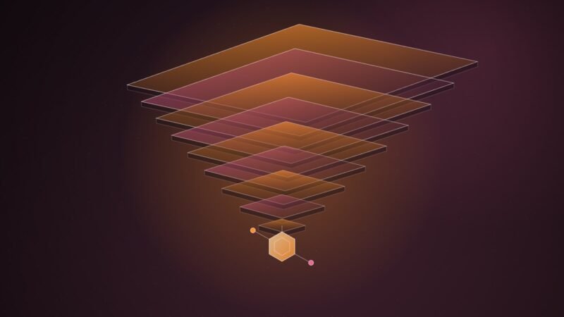 Abstract illustration of an inverted stack of glowing orange and pink plates widening upward, balanced on a single small hexagonal molecule